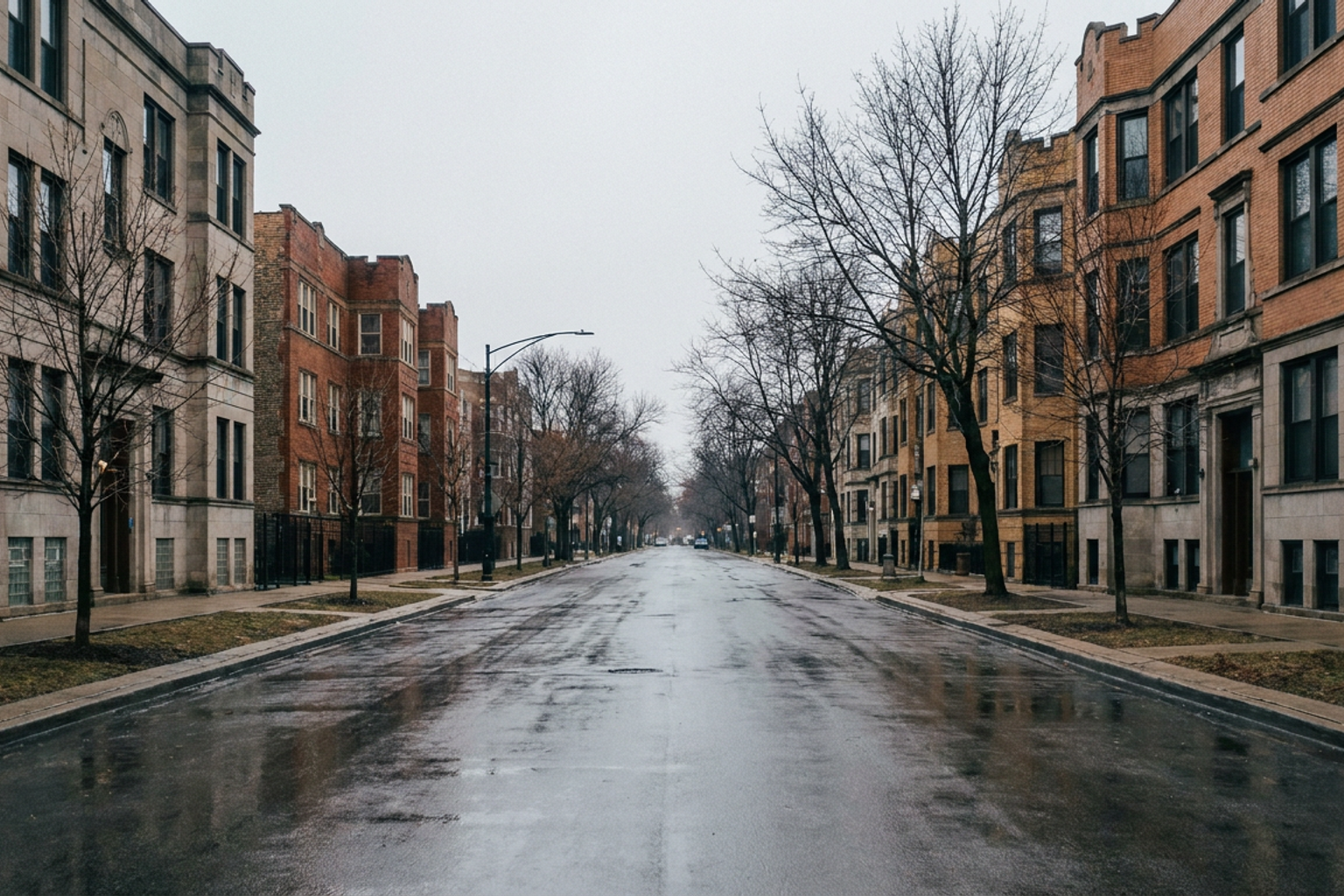 Chicago greystone and brick two-flats along a residential street
