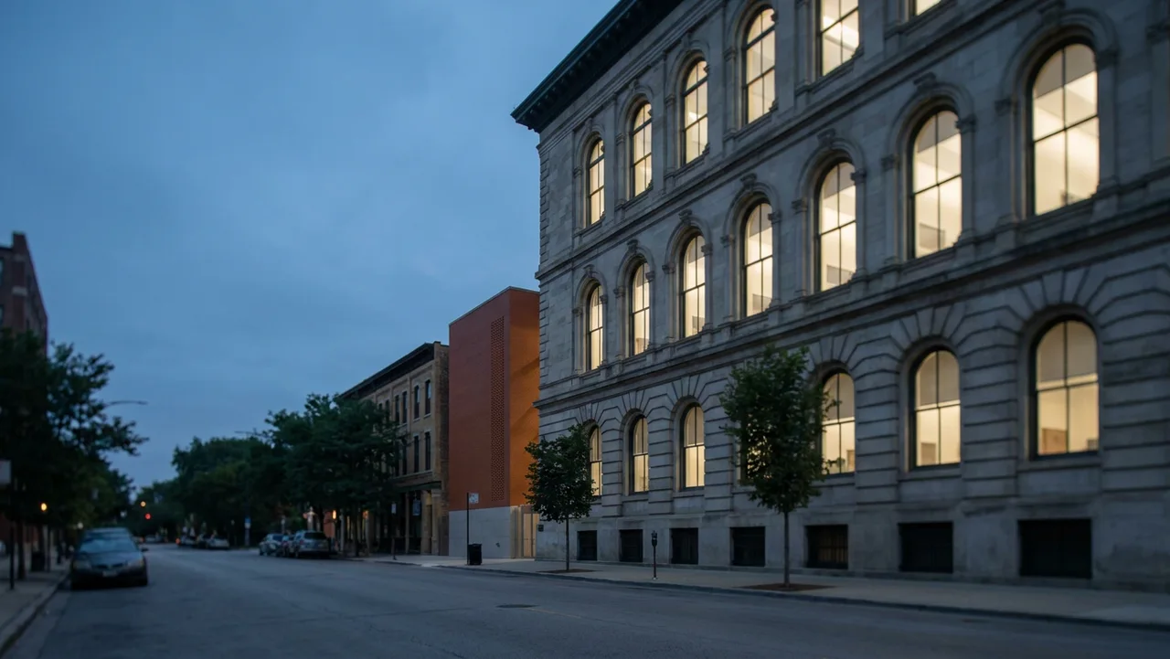 The limestone facade of a Chicago civic courthouse building at blue hour