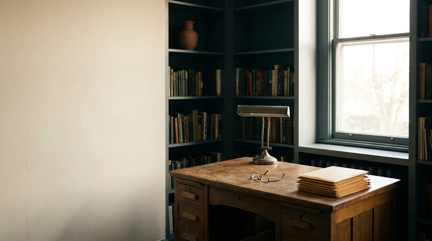 Illustration: a quiet study with a closed desk, a reading lamp and a stack of unopened envelopes