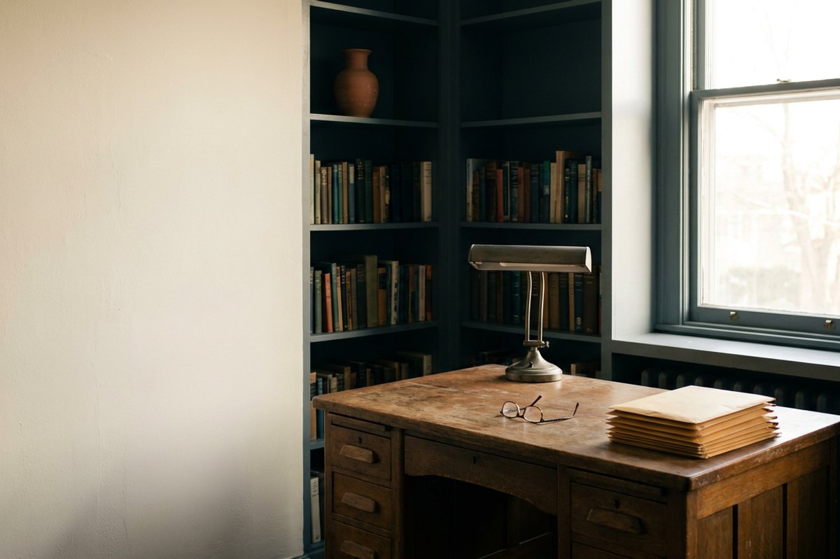 A quiet study with a closed desk, a reading lamp and a stack of unopened envelopes