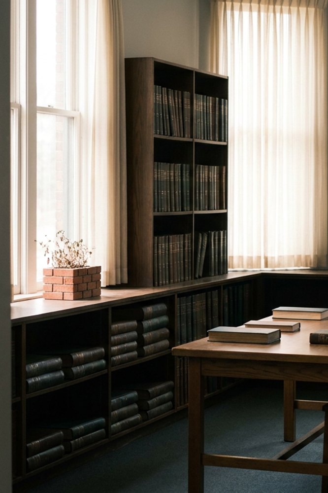 A county recorder’s reading room, bound ledger volumes on wooden shelves in window light