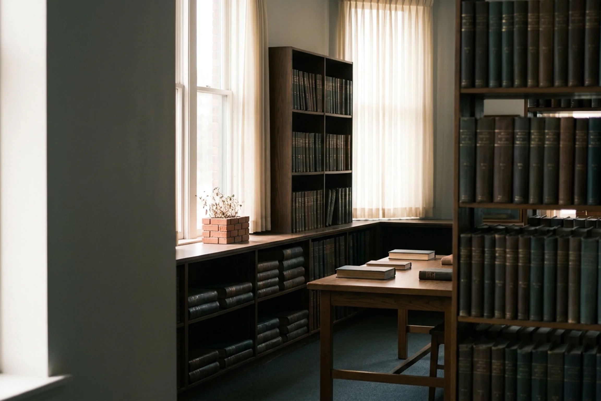 A county recorder’s reading room, bound ledger volumes on wooden shelves